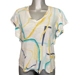 Chico’s Multicolor Abstract V Neck Top Tee T Shirt Cotton Butterfly Short Sleeve
